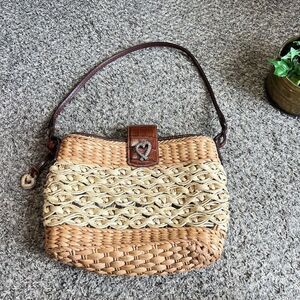 Brighton Woven Straw Shoulder Bag Brown Crocodile Leather Trim Summer Purse